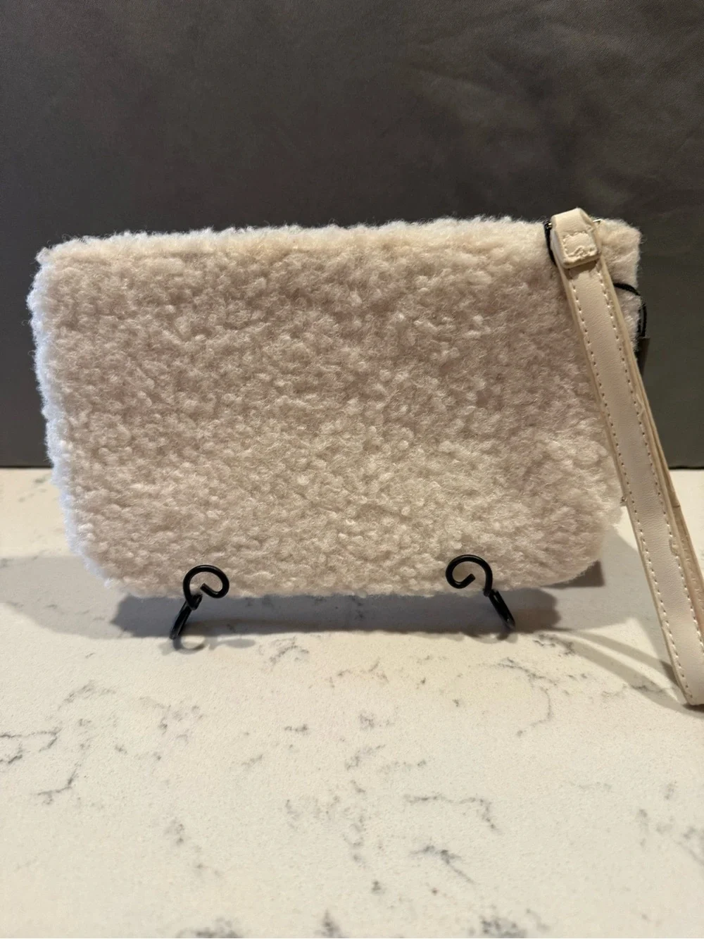 BearPaw Cream Sherpa Wristlet Clutch with Gold Plaque